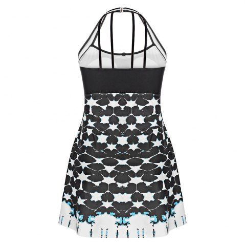 

Halter Neck Print Backless Padded Mid Waist Two Piece Plus Size Women Tankini Set, Black