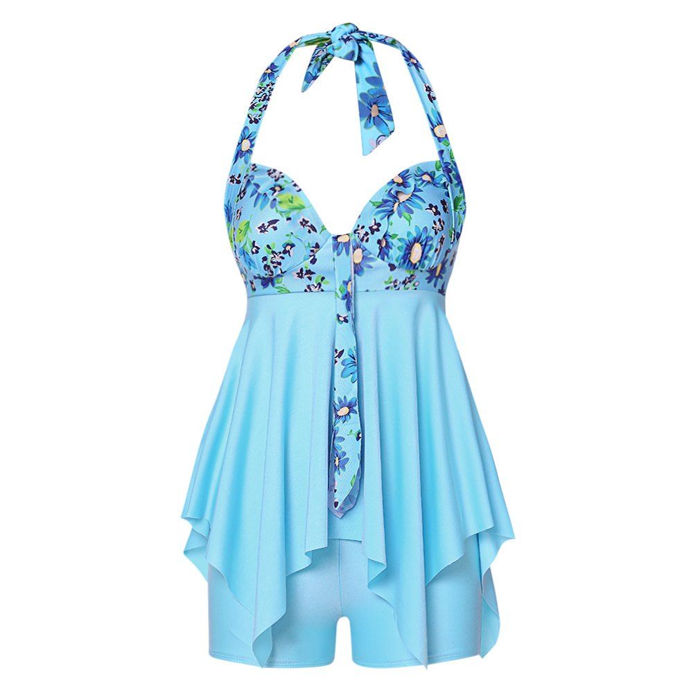 

Halter Neck Floral Print Padded Handkerchief Knotted Mid Waist Women Tankini Set, Crystal blue