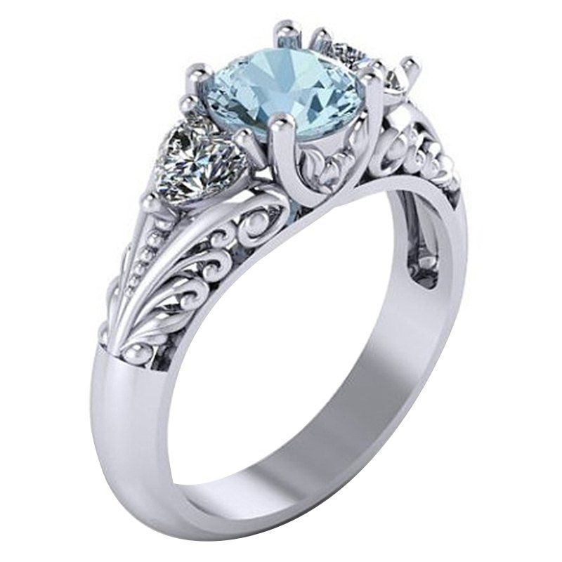 Trendy Sterling Silver Round Cut Aquamarine Floral Engagement Promise Ring  