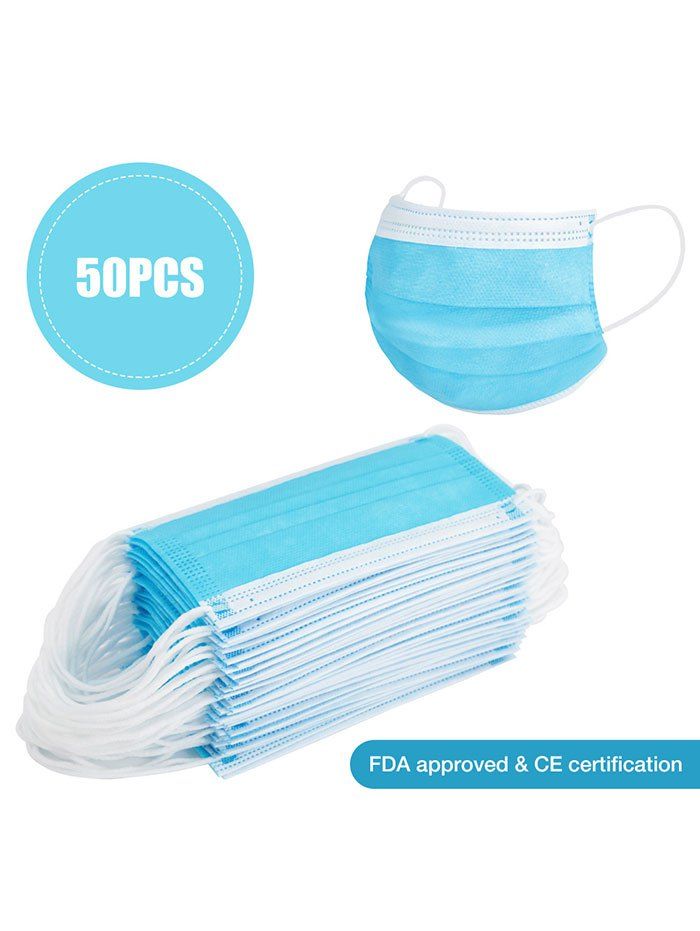 

50PCS 3-layer Face Masks With FDA And CE Certification Dustproof Anti-bacteria Disposable Protection, Deep sky blue