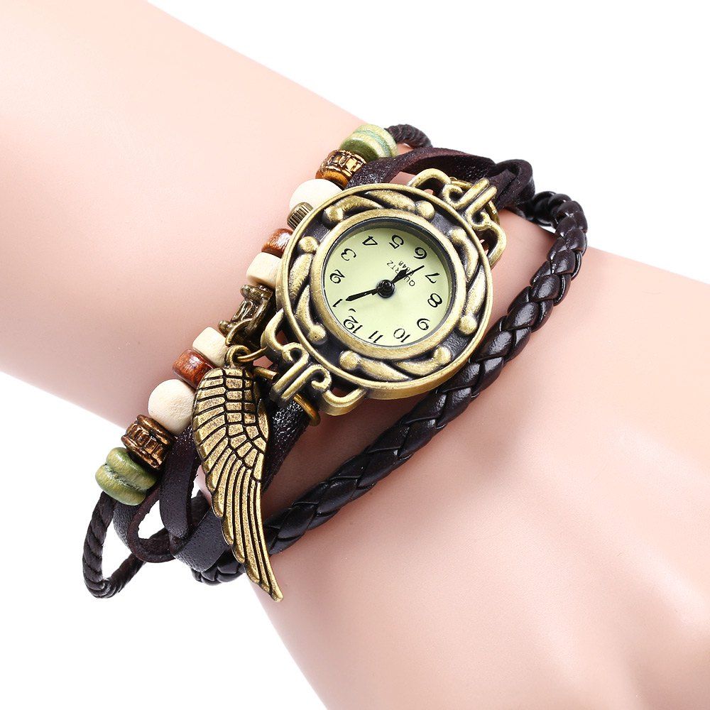 [41 OFF] Quartz Watch With Wing Design Round Dial And Leather Watch Band For Women Rosegal