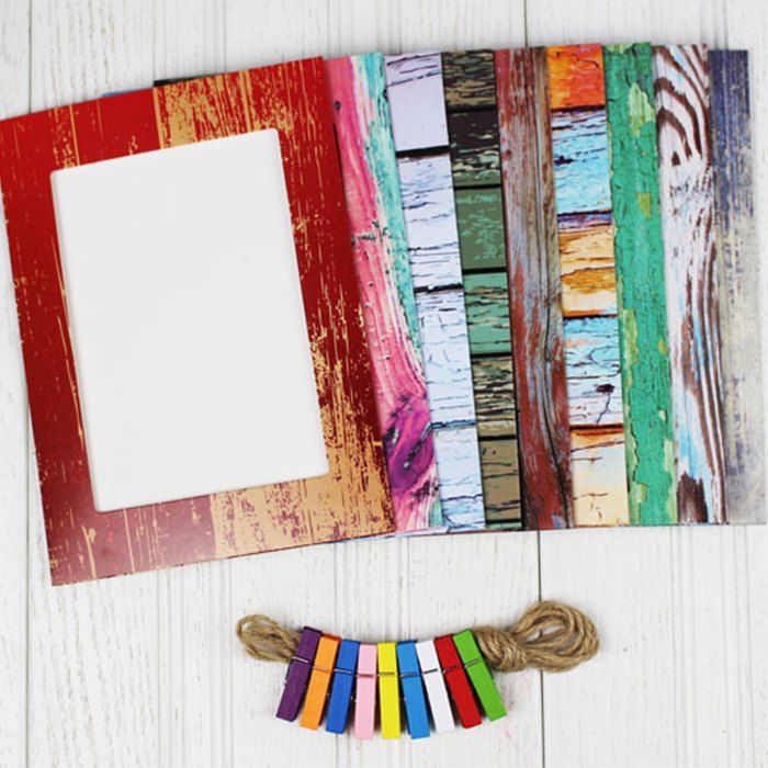 

9Pcs Creative 7 inch Wood Grain Style Wall Paper Photo Frame Set Home Decor with Clips / Rope, Colormix