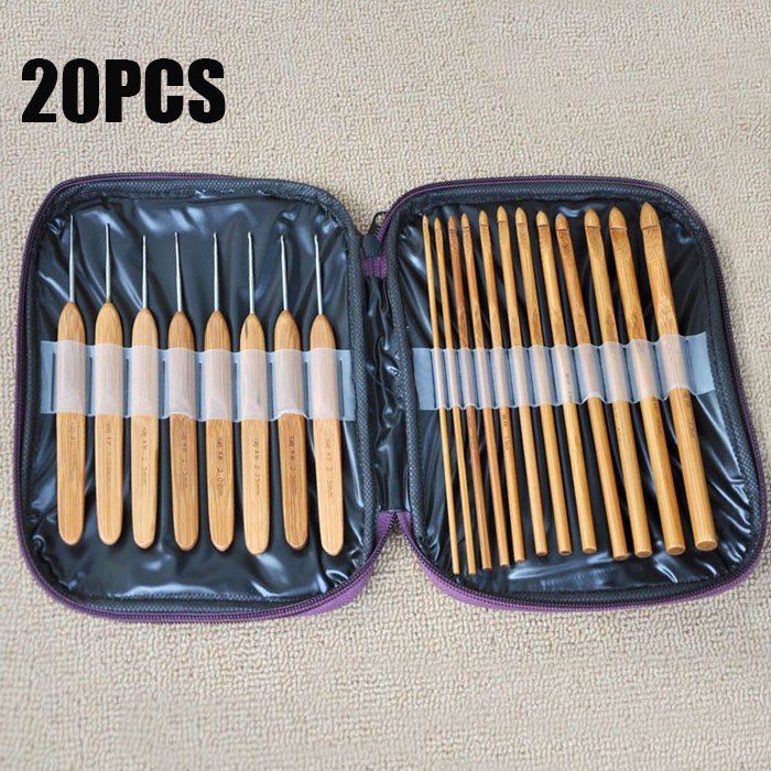 

20PCS Bamboo Sewing Crochet Hooks Weave Knitting Needles, Brown