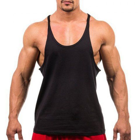 Black L Men Cotton Solid Color Spaghetti Straps Fitness Tank Top Vest ...