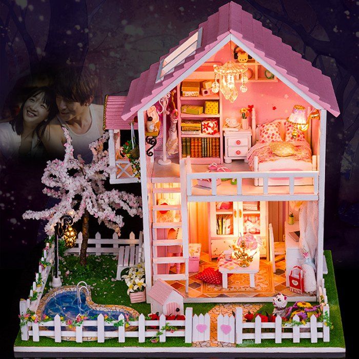 

Wooden Doll House Mini Kit with LED Light DIY Handcraft Toy, Colormix