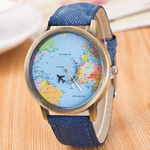 

World Map Airplane Travel Quartz Watch, Denim blue