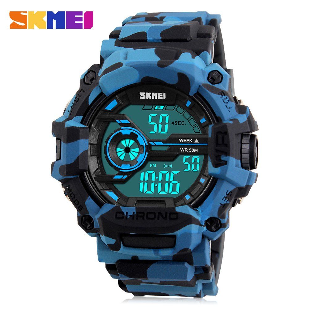 

SKMEI 1233 EL Backlight Alarm Sports Watch with 50M Waterproof for Men, Blue camouflage