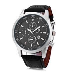 Valia 8257-2 Men Quartz Watch Date Decorative Sub-dials Round Dial Leather Band - BLACK