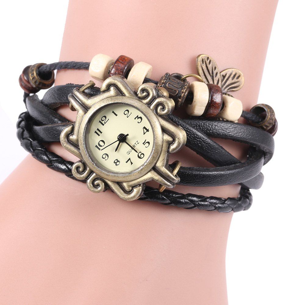Hot Retro Quartz Watch with Butterfly Round Dial and Knitting Leather Watch Band for Women  