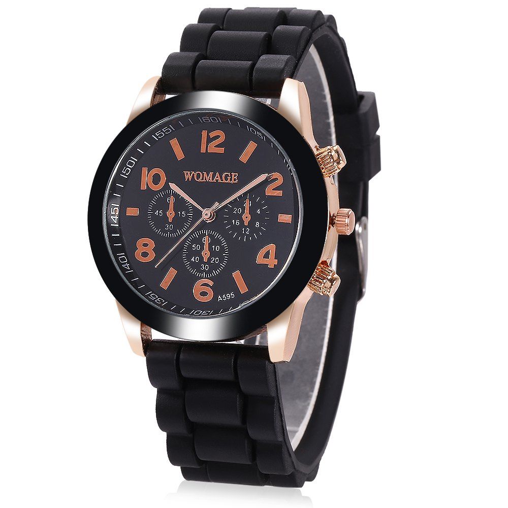 Black Womage Quartz Watch 6 Numbers And Rectangles Indicate Rubber ...