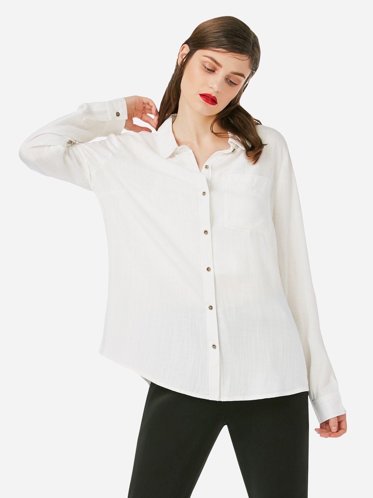 Chemise à Col Montant Manches Longues pour Femme Blanc XL