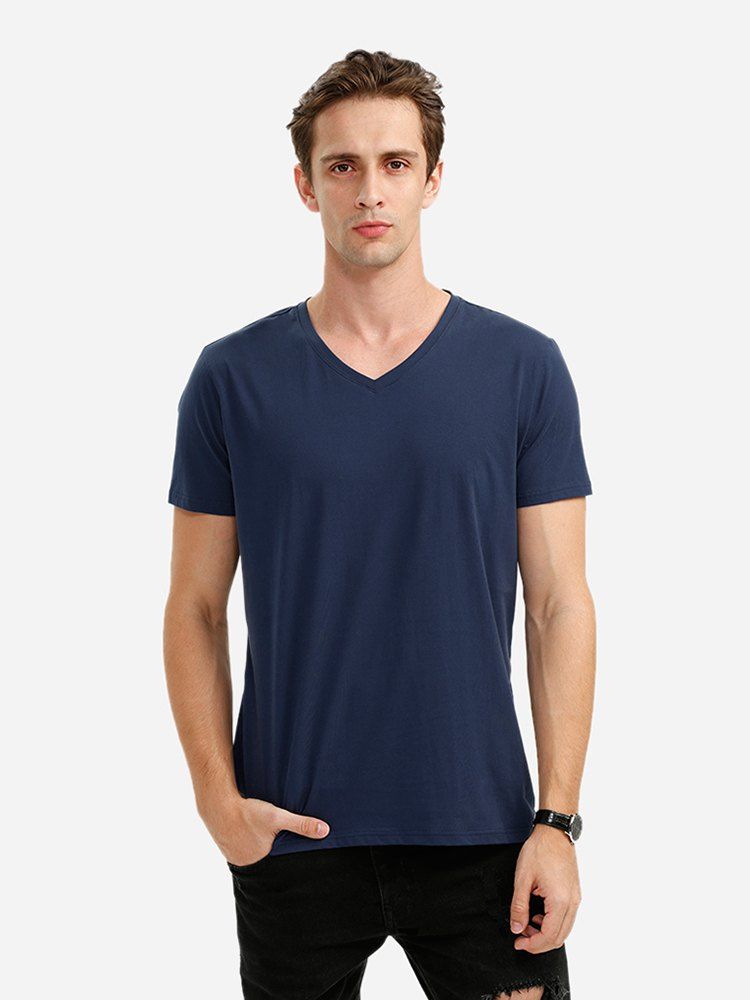 T-Shirt à Col en V Bleu profond M