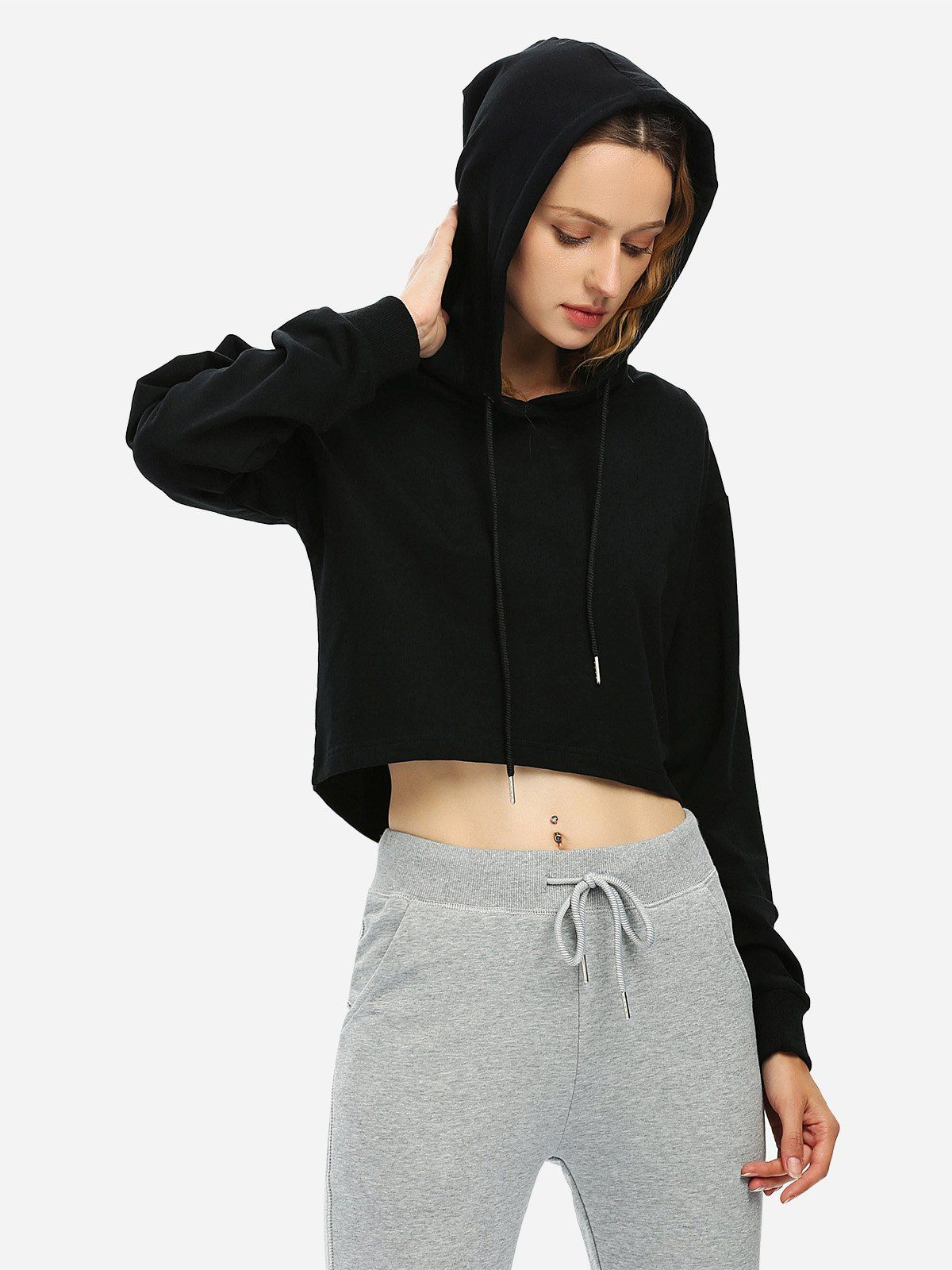 

ZAN.STYLE Drawstring Crop Fleece Hoodie, Black