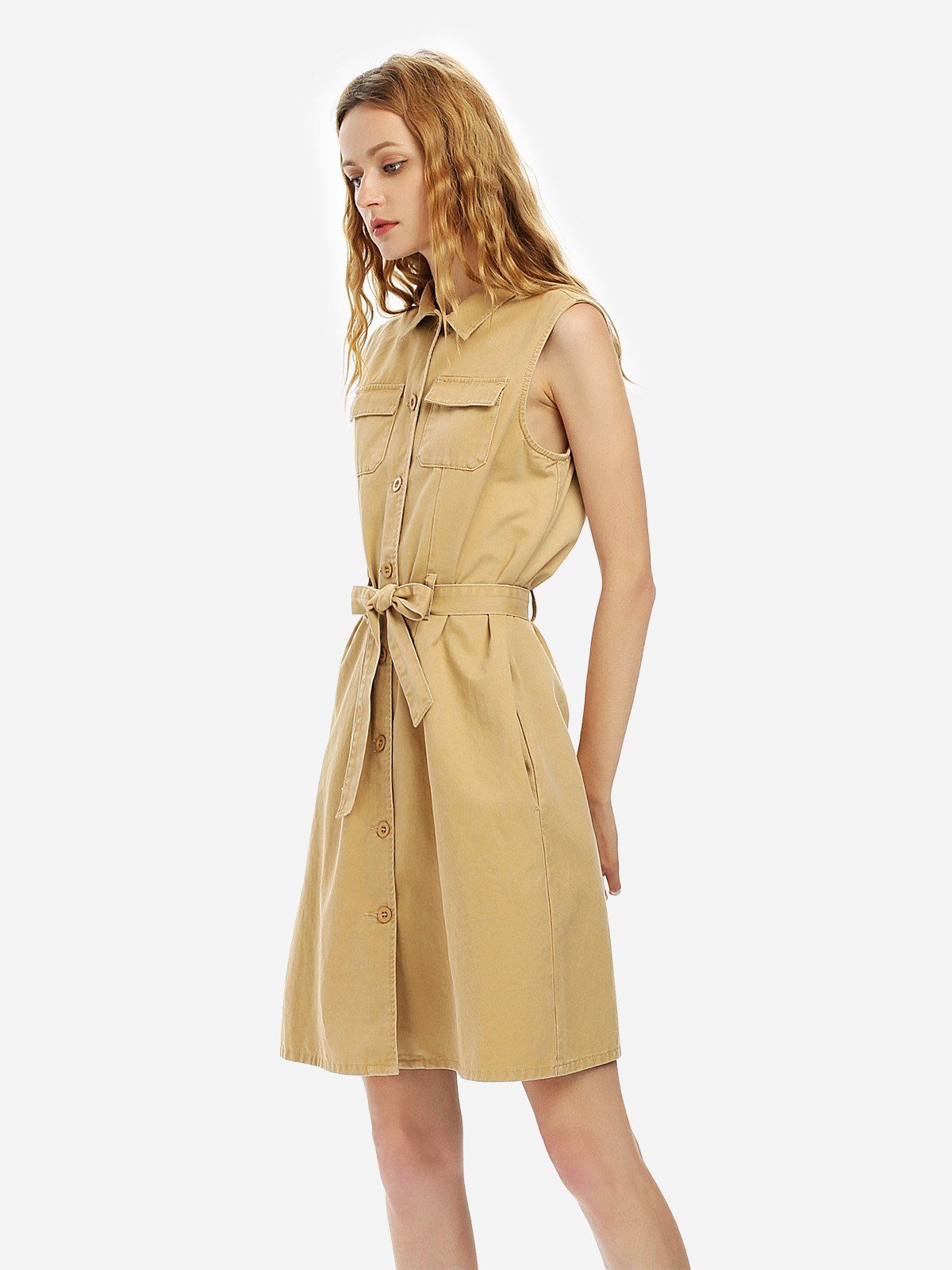 

ZAN.STYLE Belted Waist Sleeveless Shirt Dress, Khaki