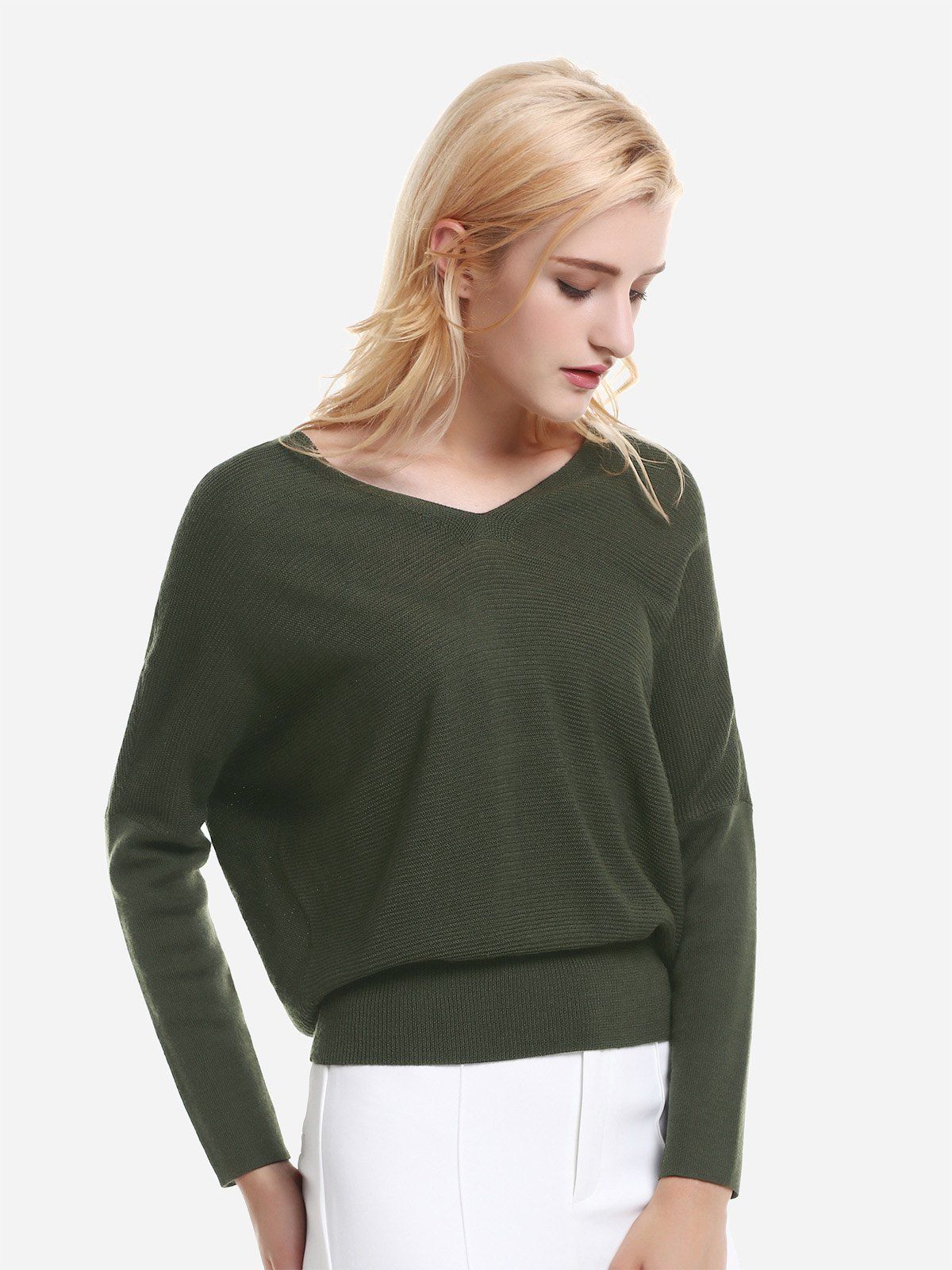 

ZAN.STYLE V Neck Dolman Sleeve Sweater Knitwear, Green