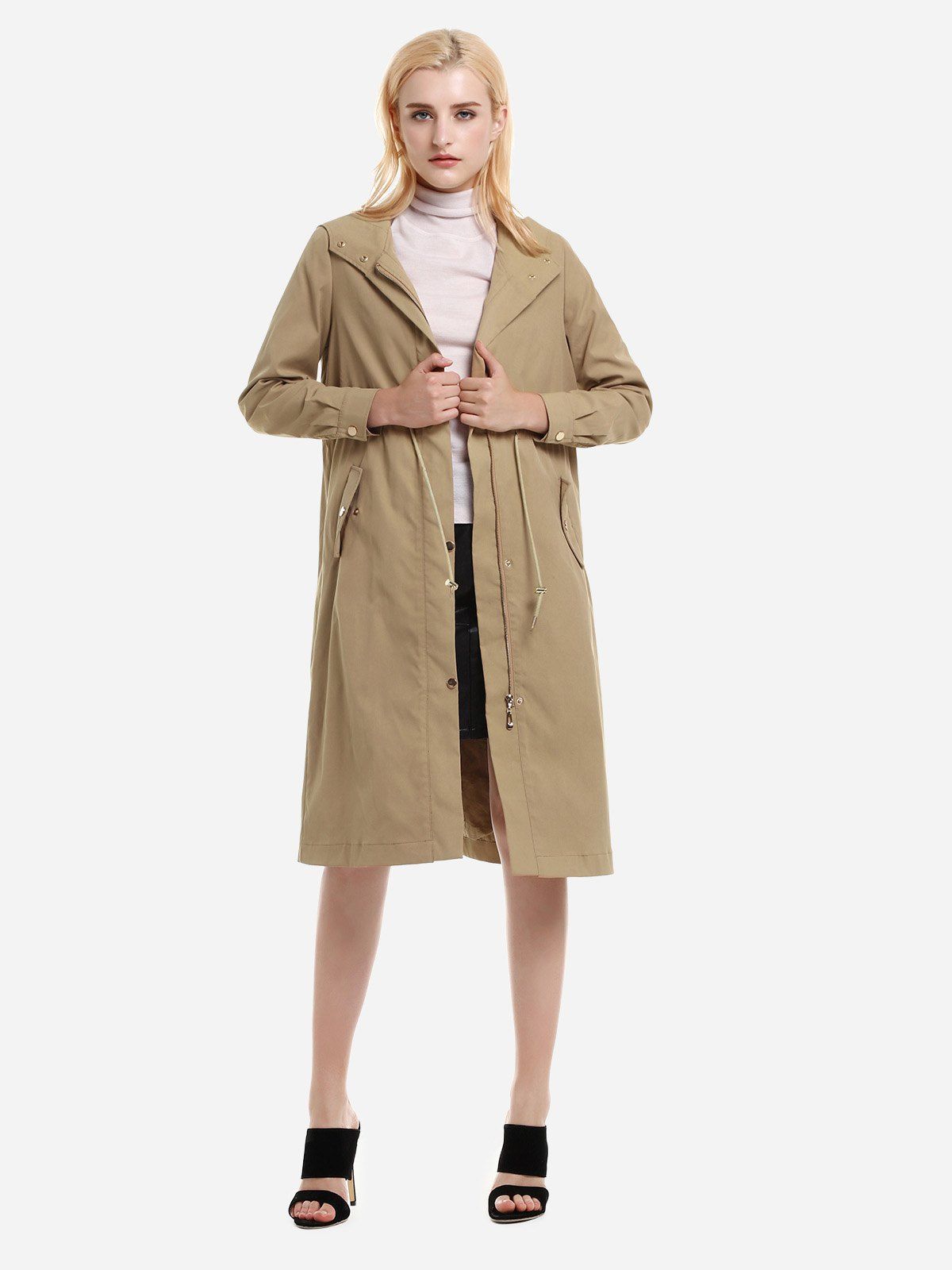 

ZAN.STYLE Longline Silhouette Belted Hooded Trench Coat, Khaki