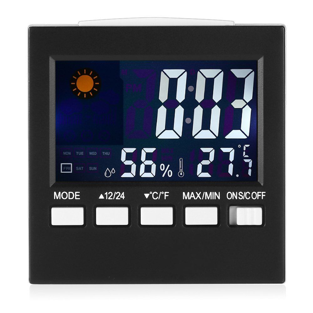 

Digital LCD Calendar Timer Alarm Clock with Temperature Humidity Weather Display, Black