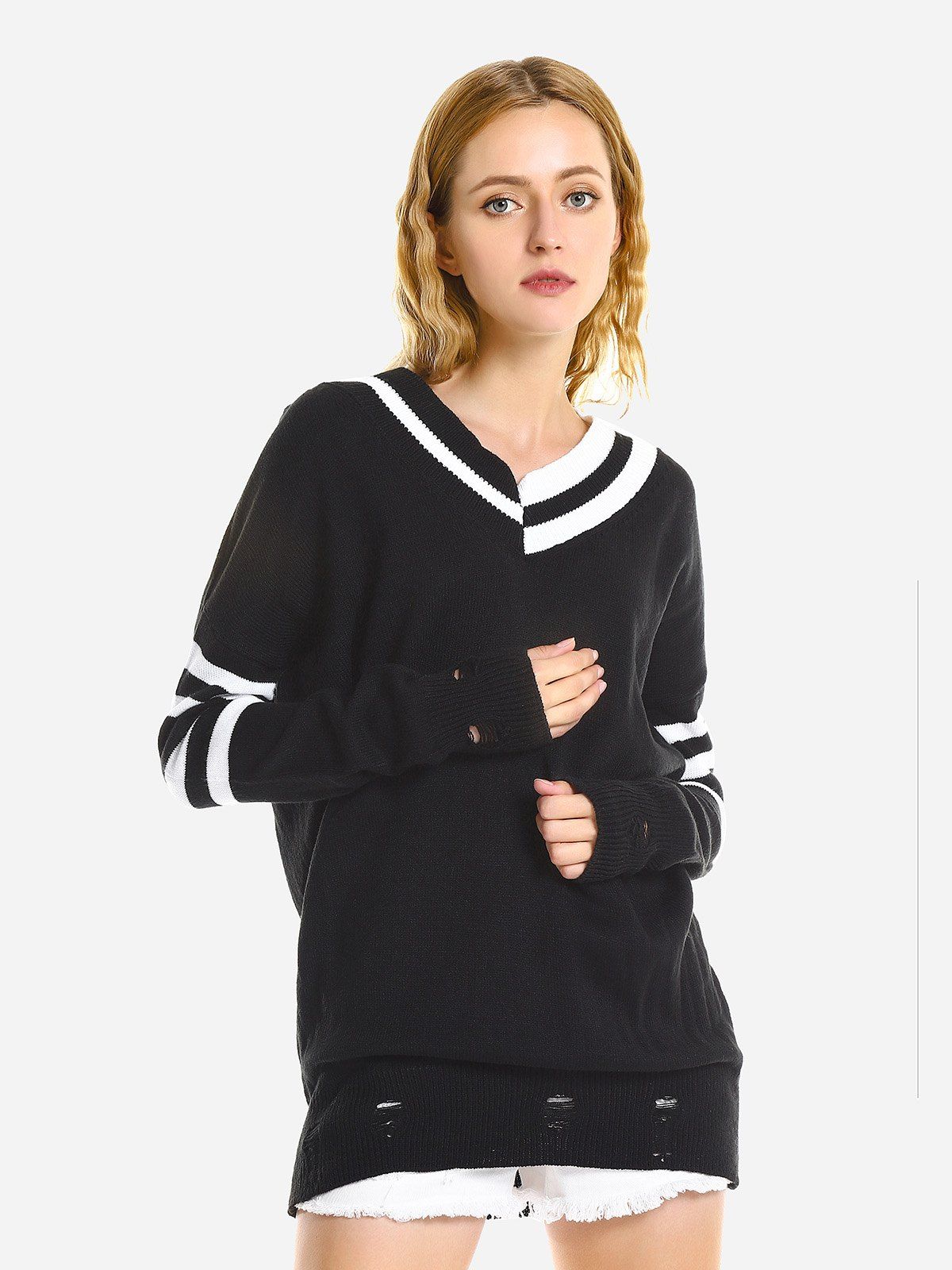 

ZAN.STYLE V-Neck Casual Loose Sweater, Black