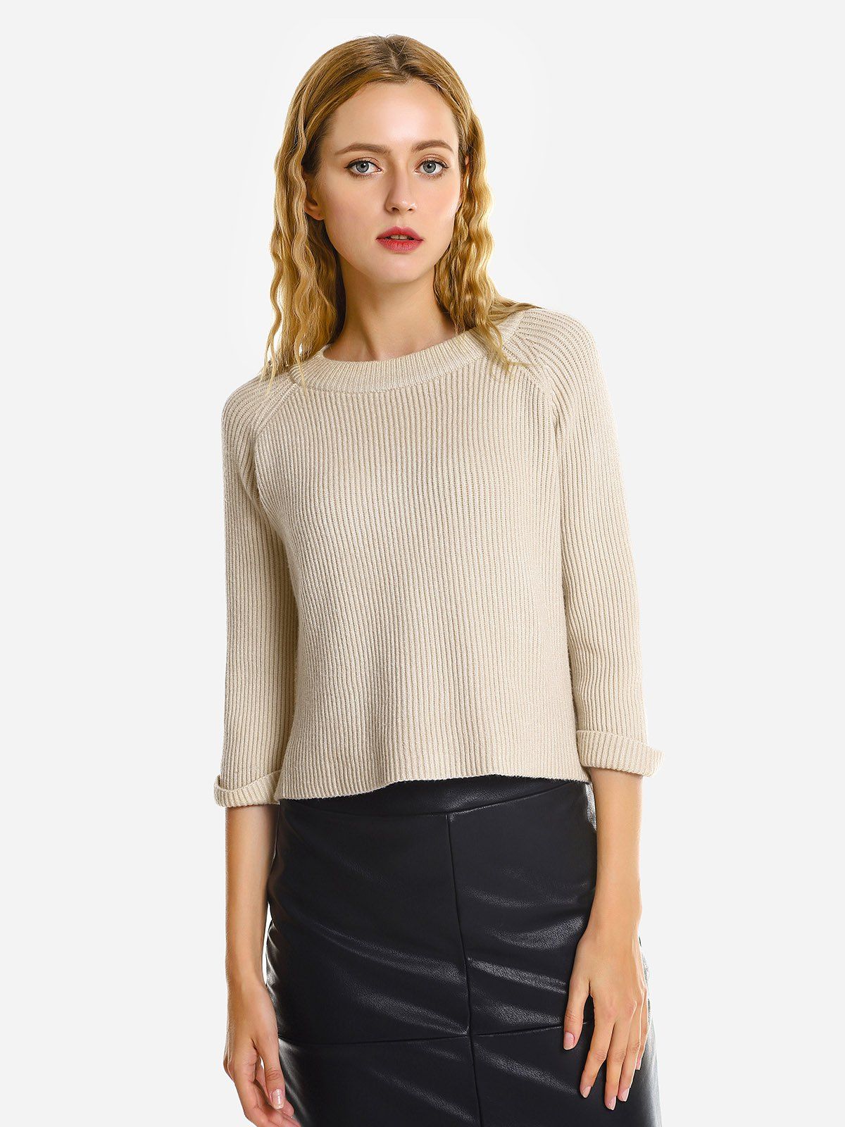 

ZAN.STYLE Crew Neckline Loose Sweater, Beige