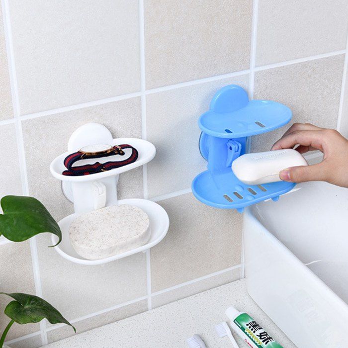 

Bathroom Double Layer Strong Sucker Soap Box Dish Holder for Bathroom Shower, White