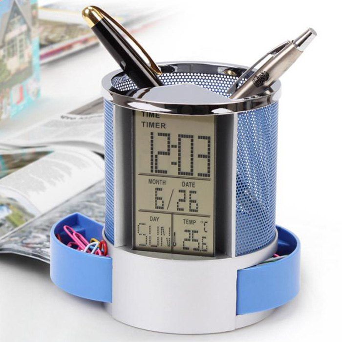 Multifunction Lcd Digital Desk Clock Mesh Temperature Calendar Pen Holder