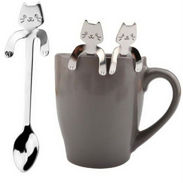 

Cute Cat Pattern Flatware Long Handle Spoon, Silver