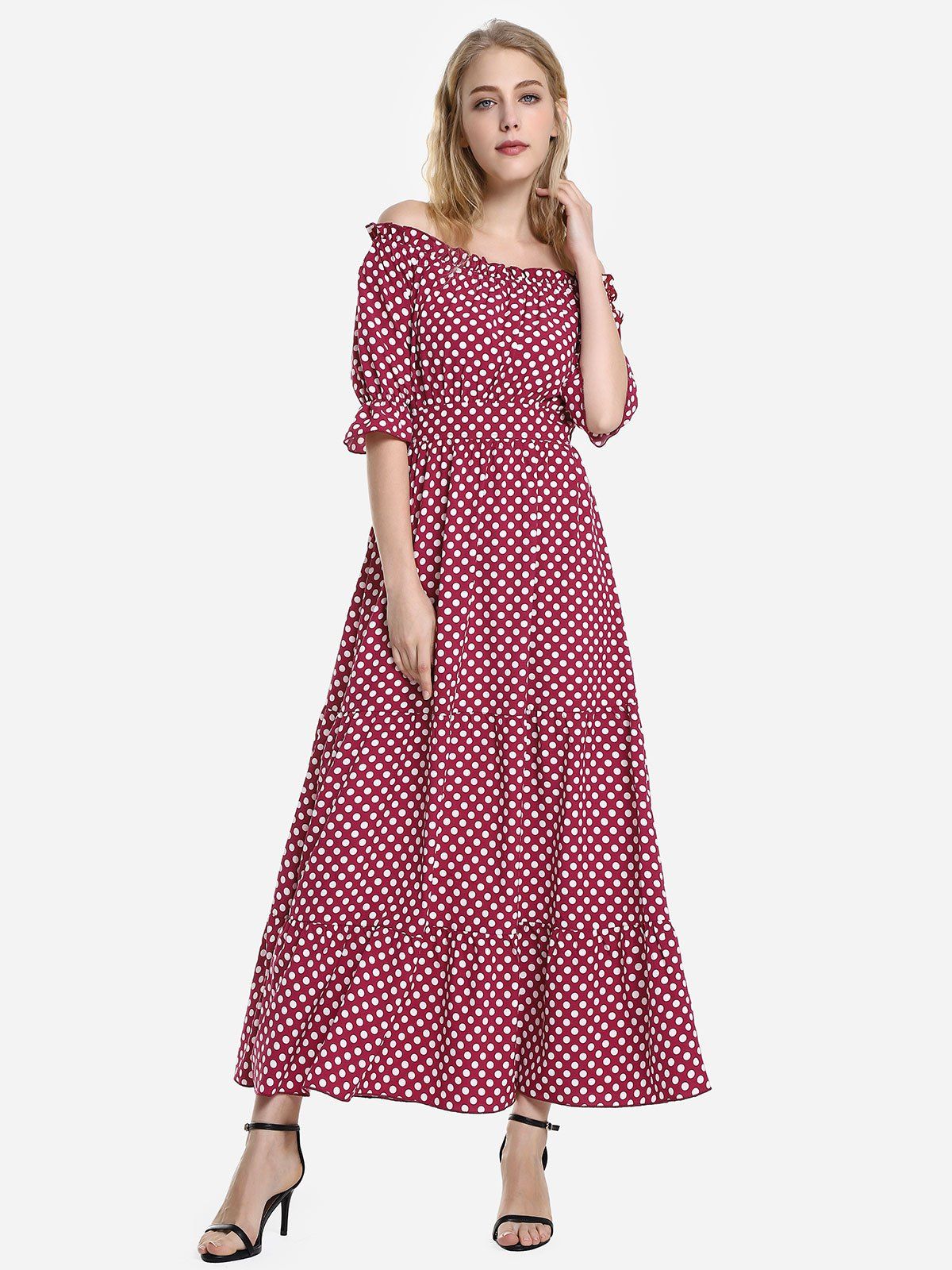 

ZAN.STYLE Elasticized Waistband Off the Shoulder Dress, White and red