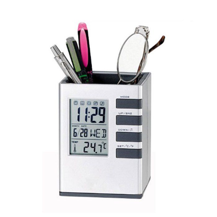 

Simple Style Music Calendar Cube Pen Container Desk Clock, Silver