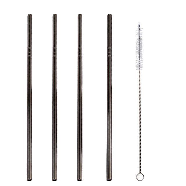 

304 Stainless Steel Colorful Portable Straight Straw 4pcs with Brush, Black