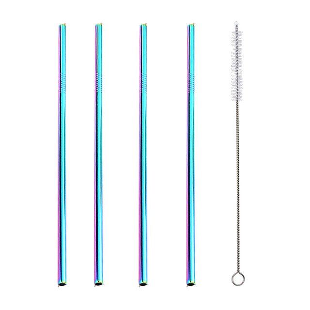 

304 Stainless Steel Colorful Portable Straight Straw 4pcs with Brush, Multi-a