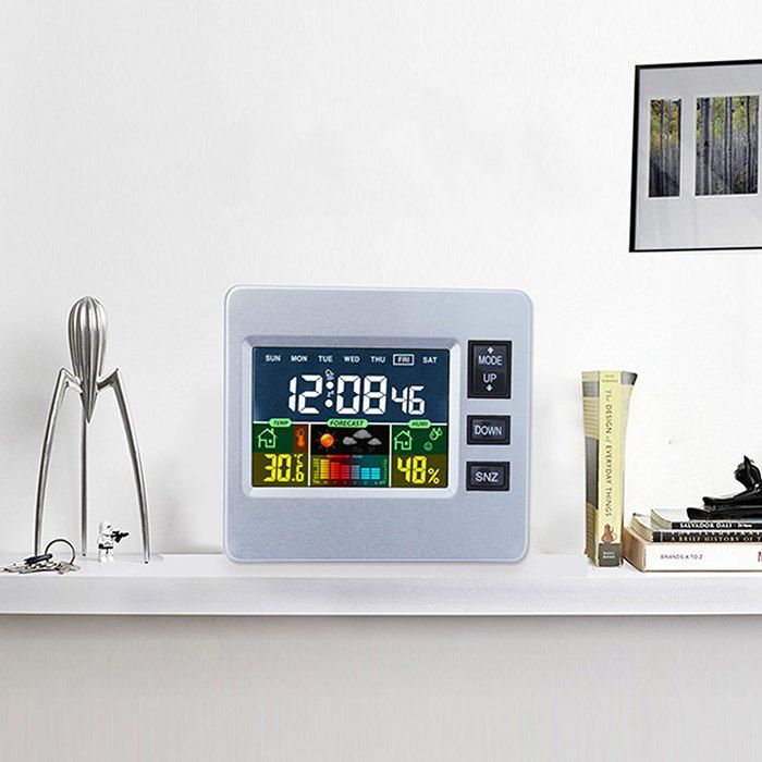 

LCD Digital Temperature Humidity Weather Station Alarm Clock, Silver
