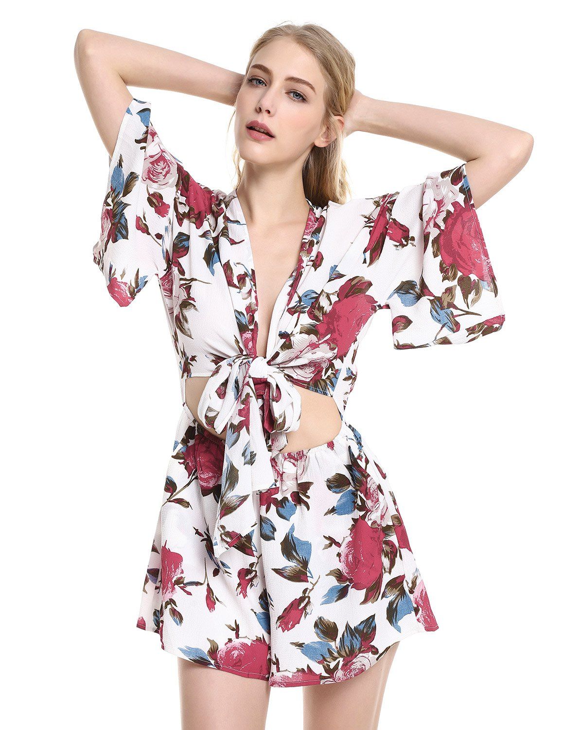 Outfits ZAN.STYLE Floral Knot Front Playsuit  