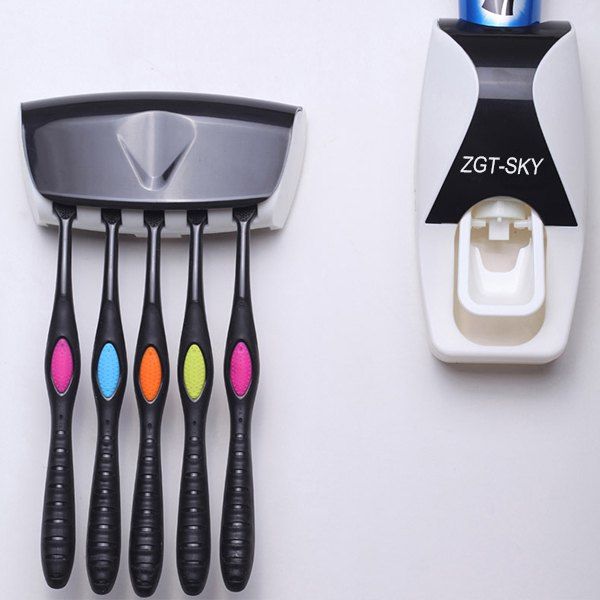 

Stylish Automatic Toothpaste Dispenser + Toothbrush Holder, Black