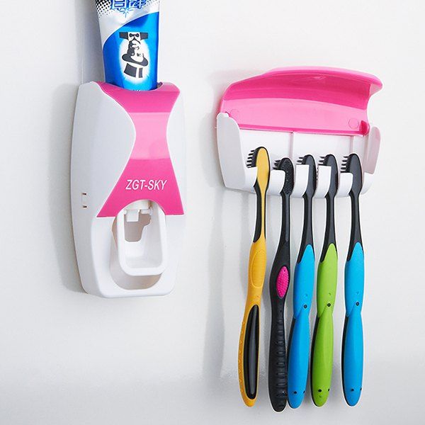 

Stylish Automatic Toothpaste Dispenser + Toothbrush Holder, Hot pink