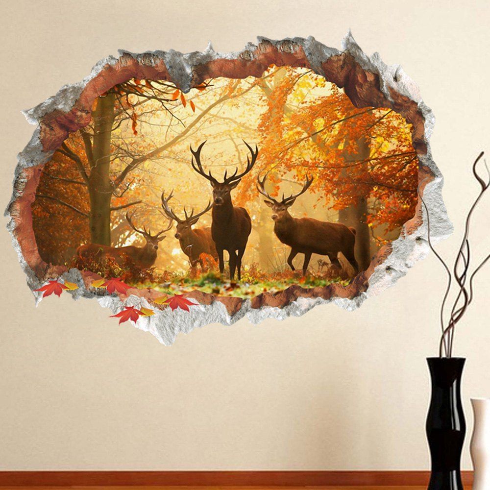 

3D Elk Forest Living Room TV Background Decorative Wall Sticker Mural, Brown