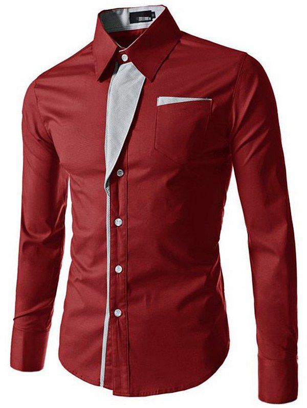 

Men Stylish Turn Down Collar Long Sleeve Shirt, Red wine