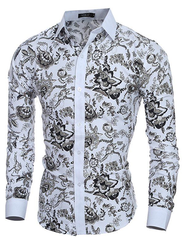 

Men Stylish Turn Down Collar Long Sleeve Shirt with Flowers Motifs, White