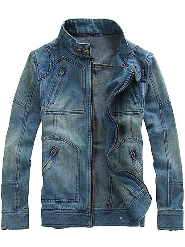 

Fashionable Men Stand Collar Denim Jacket with Detachable Hat, Blue jay