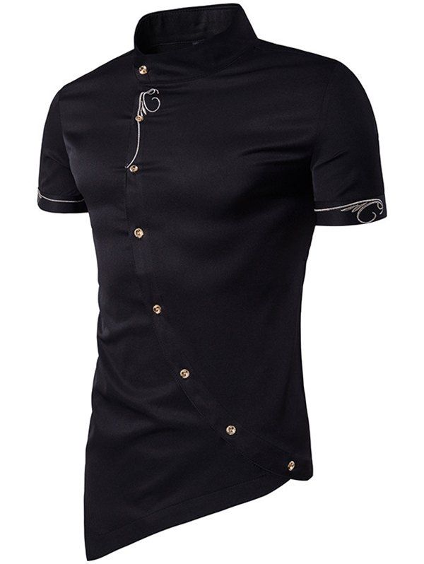 

Men Fashionable Sloping Figuring Style Vertical Collar Shirt, Black
