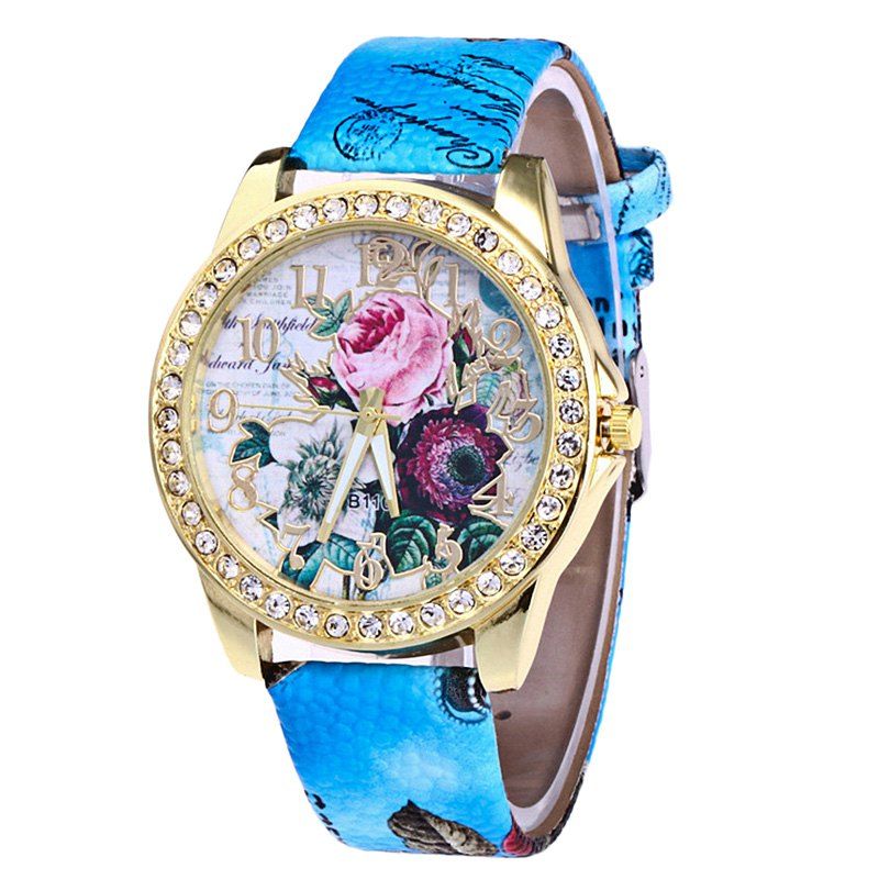 

ZhouLianFa Crystal Flower Pattern Quartz Watch, Light blue