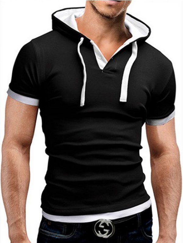 

Stylish Summer Breathable Cotton Short Sleeve T-shirt with Hood for Men, Black