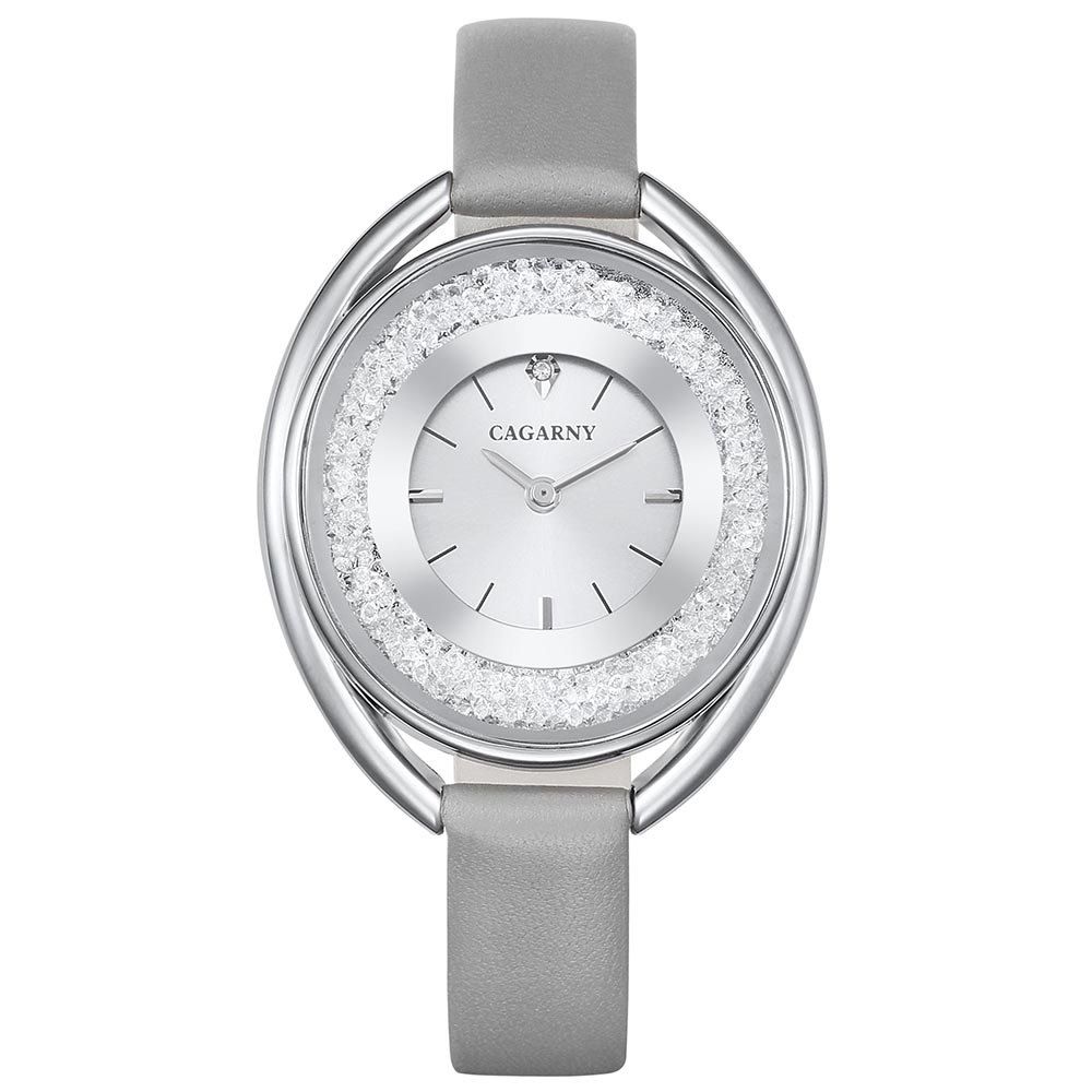 

CAGARNY 6876 Rhinestone Quartz Watch Leather Band Wristwatch, Silver