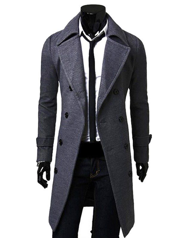 

Men Fashionable Turn-down Collar Long Woollen Wind Coat, Gray wolf