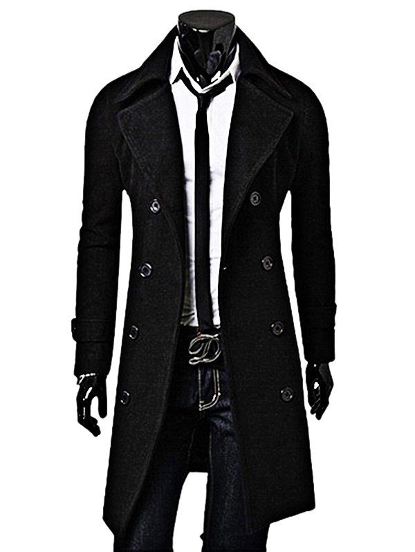 

Men Fashionable Turn-down Collar Long Woollen Wind Coat, Black