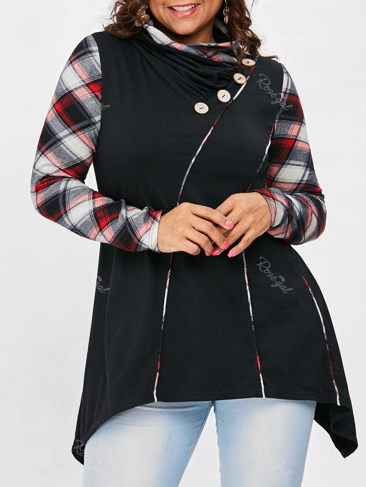 

Tartan Sleeve Plus Size Button Embellished T-shirt, Black
