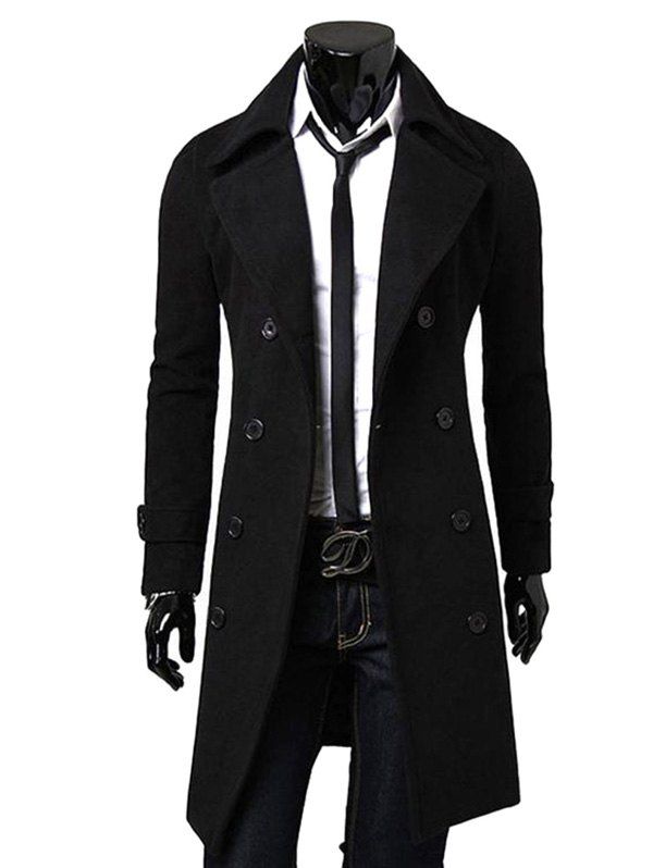

Men Fashionable Turn-down Collar Long Woollen Wind Coat, Black