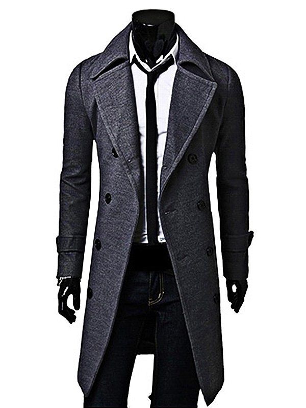 

Men Fashionable Turn-down Collar Long Woollen Wind Coat, Gray wolf