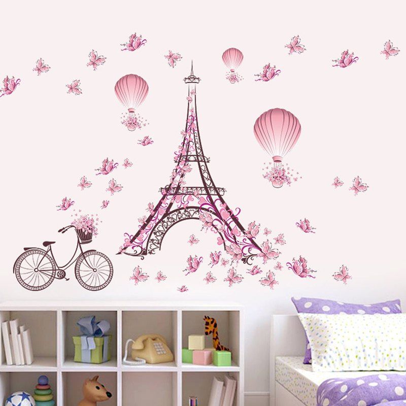 

Paris Tower Pink Butterfly Living Room Bedroom Background Wall Sticker, Multi-a