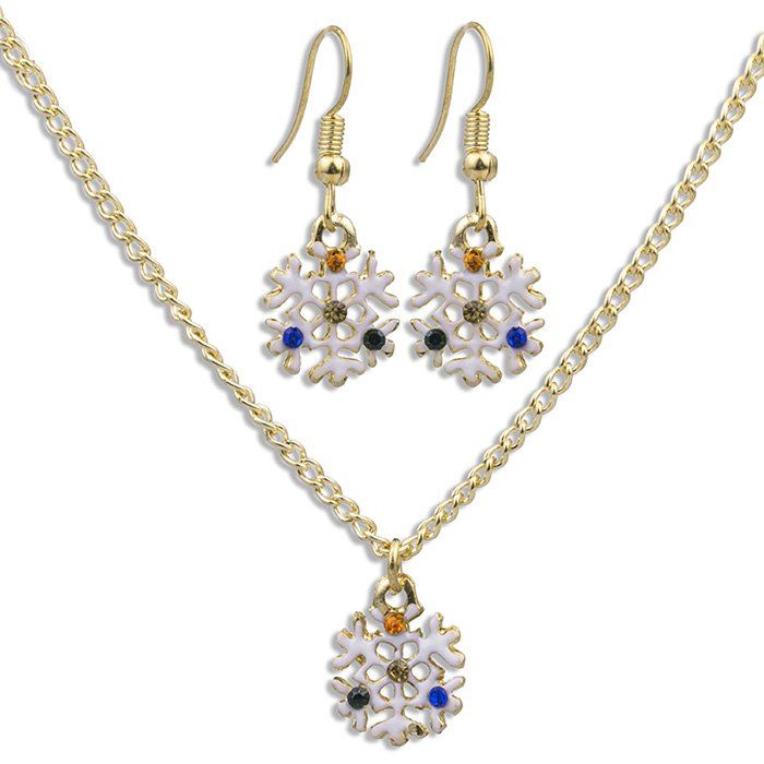 

White Snowflake Pattern Necklace Earrings Jewelery Set, Gold