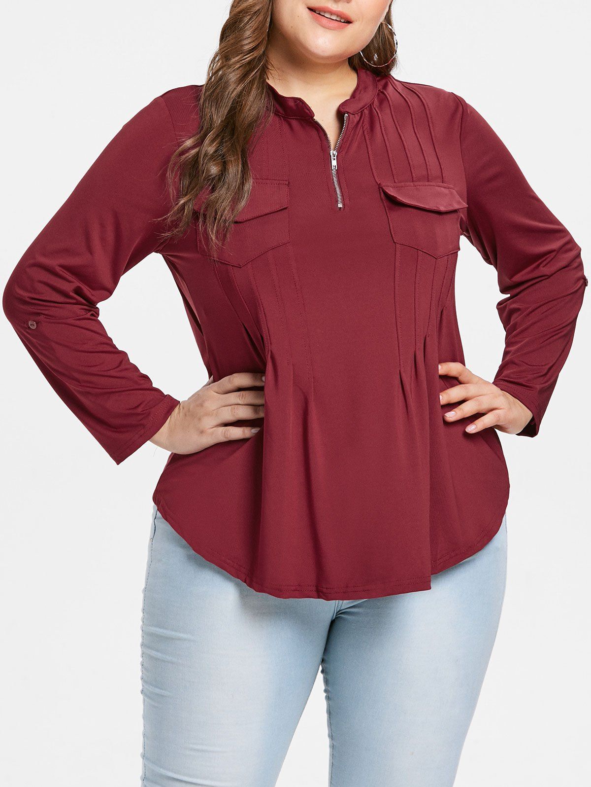 Front Pockets Plus Size Half Zip T-shirt, Red wine